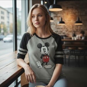 Mickey Mouse Baseball Tee Women 1x Contrasting Raglan 1/2 Sleeve Gray Black